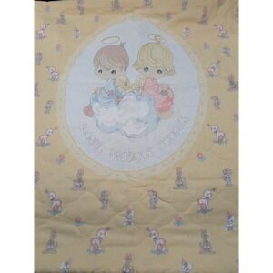 Vintage PRECIOUS MOMENTS Sharing Moments Yellow Baby Blanket Satin Trim